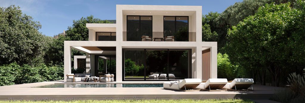 Villa contemporanea di lusso a Forte dei Marmi con piscina, ampie vetrate e terrazza immersa nel verde, dal design architettonico minimalista.