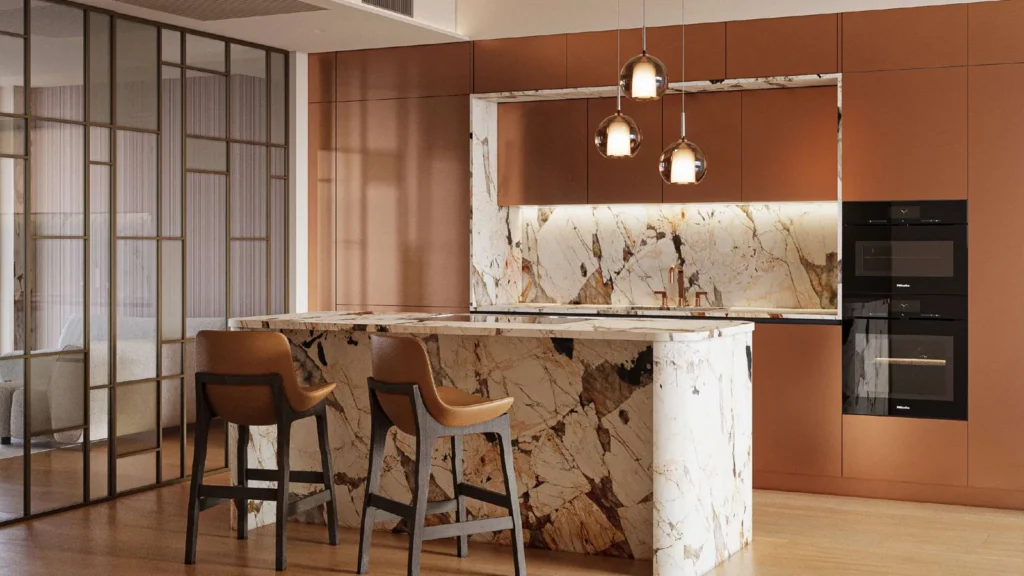 Versilia esclusiva: perché investire in una villa a Roma Imperiale, cuore elegante di Forte dei Marmi 4 Interno di appartamento di lusso a Roma Imperiale con cucina di design in marmo e finiture color rame, esempio di interior contemporaneo ed elegante a Forte dei Marmi.