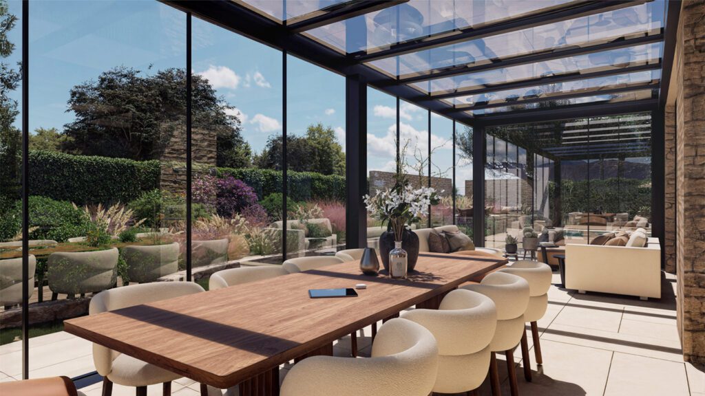 Veranda moderna con tavolo in legno e sedute di design, pareti vetrate e vista sul giardino di una villa contemporanea