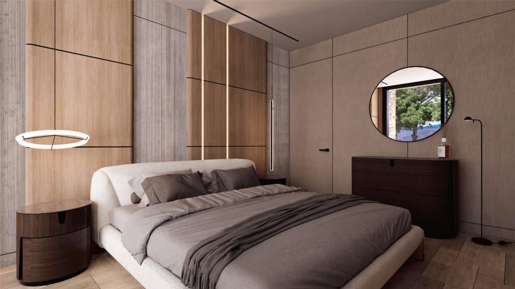 Camera da letto moderna con pareti in legno, letto king-size con biancheria grigia e illuminazione a LED, vista su giardino attraverso finestra rotonda