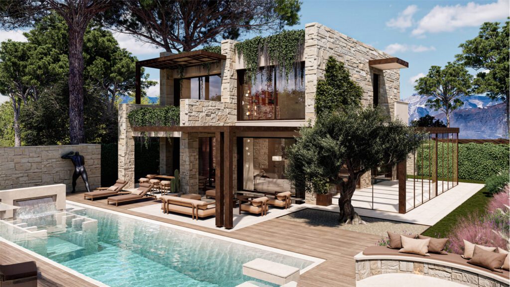 Villa in vendita a Forte dei Marmi con piscina e giardino, architettura contemporanea in pietra, ampie vetrate e spazi outdoor immersi nel verde