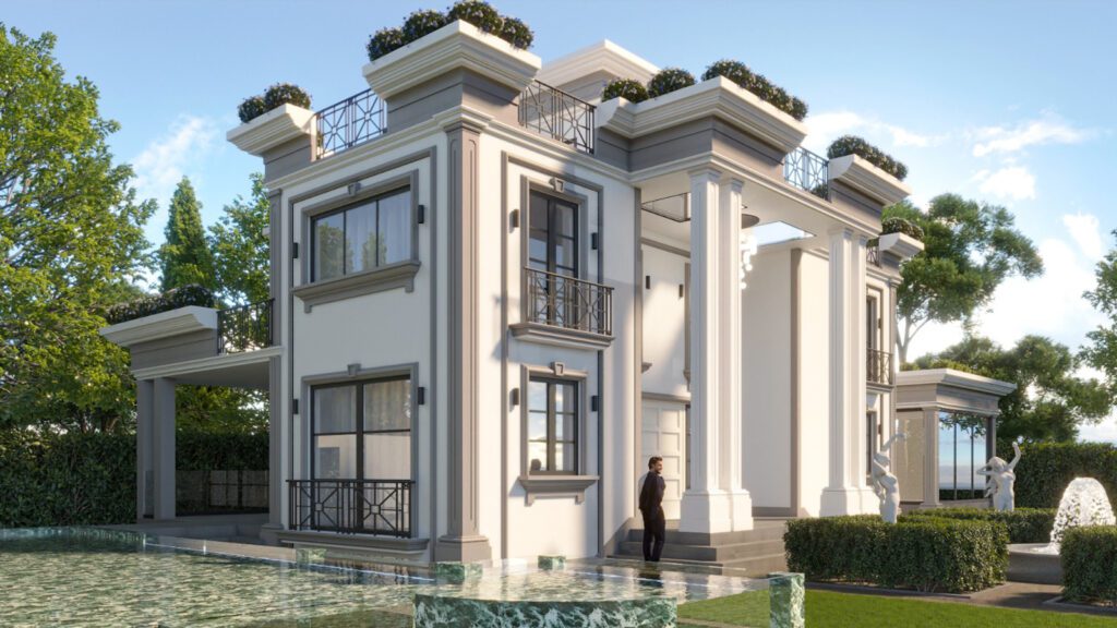 Villa di lusso in vendita a Forte dei Marmi in stile classico con piscina e giardino curato, facciata elegante con colonne e terrazze