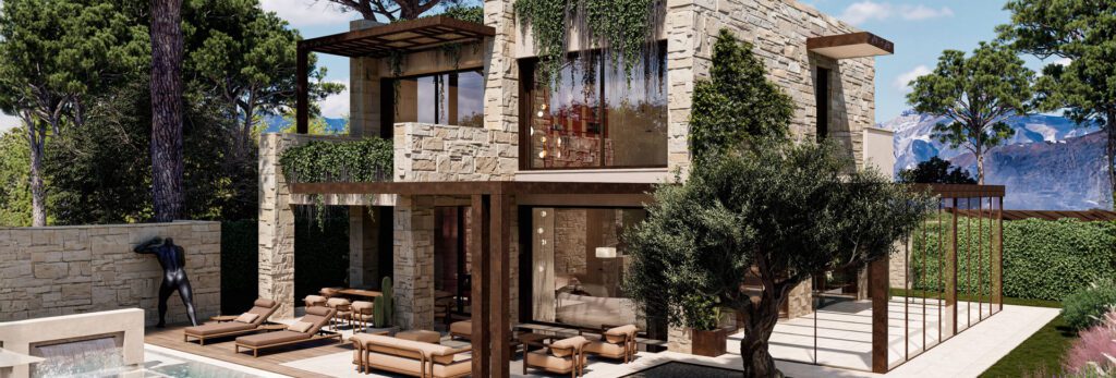 Villa in vendita a Forte dei Marmi immersa nel verde, design contemporaneo in pietra naturale, grandi vetrate, pergolati e spazi outdoor di pregio