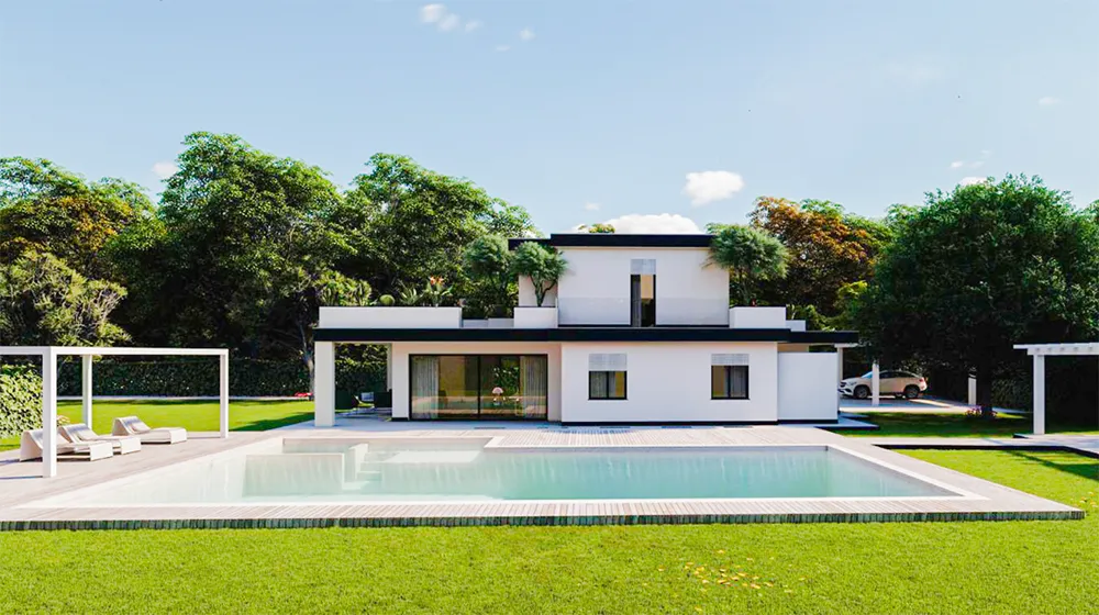 Villa moderna a Pietrasanta con piscina e ampio giardino verde. La residenza presenta uno stile contemporaneo, con ampie vetrate e spazi esterni eleganti, immersi nella natura circostante.