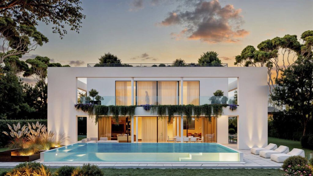 Villa Aurelio al tramonto, elegante residenza moderna con grandi vetrate, piscina a sfioro e giardino curato, esempio di proprietà di lusso disponibili nella vendita case a Forte dei Marmi.