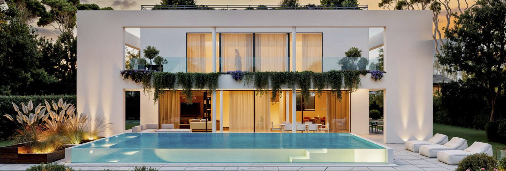 Facciata moderna di Villa Aurelio con ampie vetrate illuminate, piscina a sfioro e giardino curato al tramonto, una delle proprietà di lusso in vendita a Forte dei Marmi.