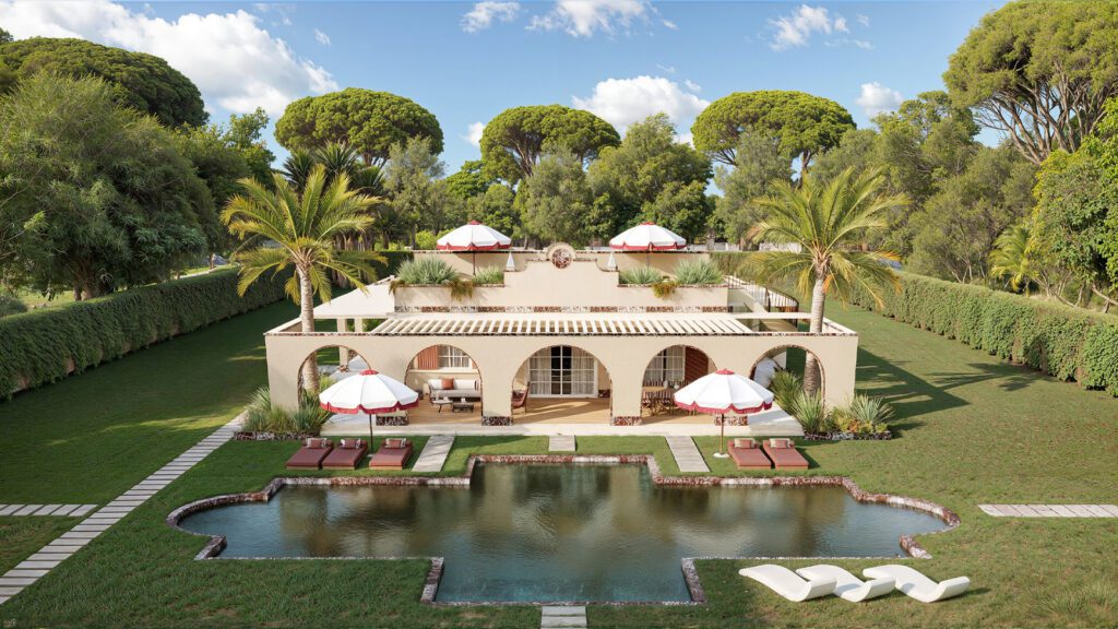 Elegante villa in Versilia immersa nel verde, con ampio giardino curato, piscina privata e spazi esterni attrezzati, esempio di residenza di lusso tipica della costa toscana.